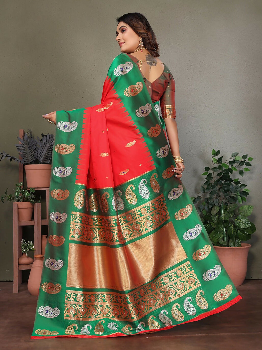 Red Banarasi Butti Soft Silk Saree with Woven Details