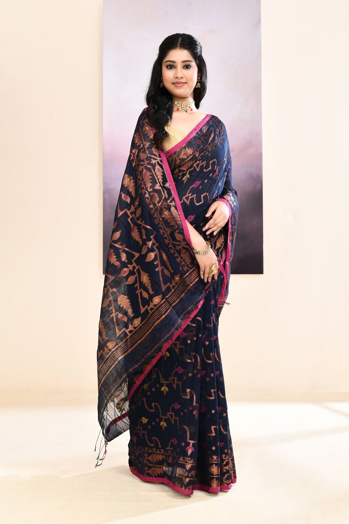 Navy Blue Embellished Jamdani Saree in Cotton Blend