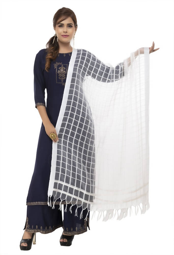 White Kota cotton square dupatta folded neatly on a neutral background