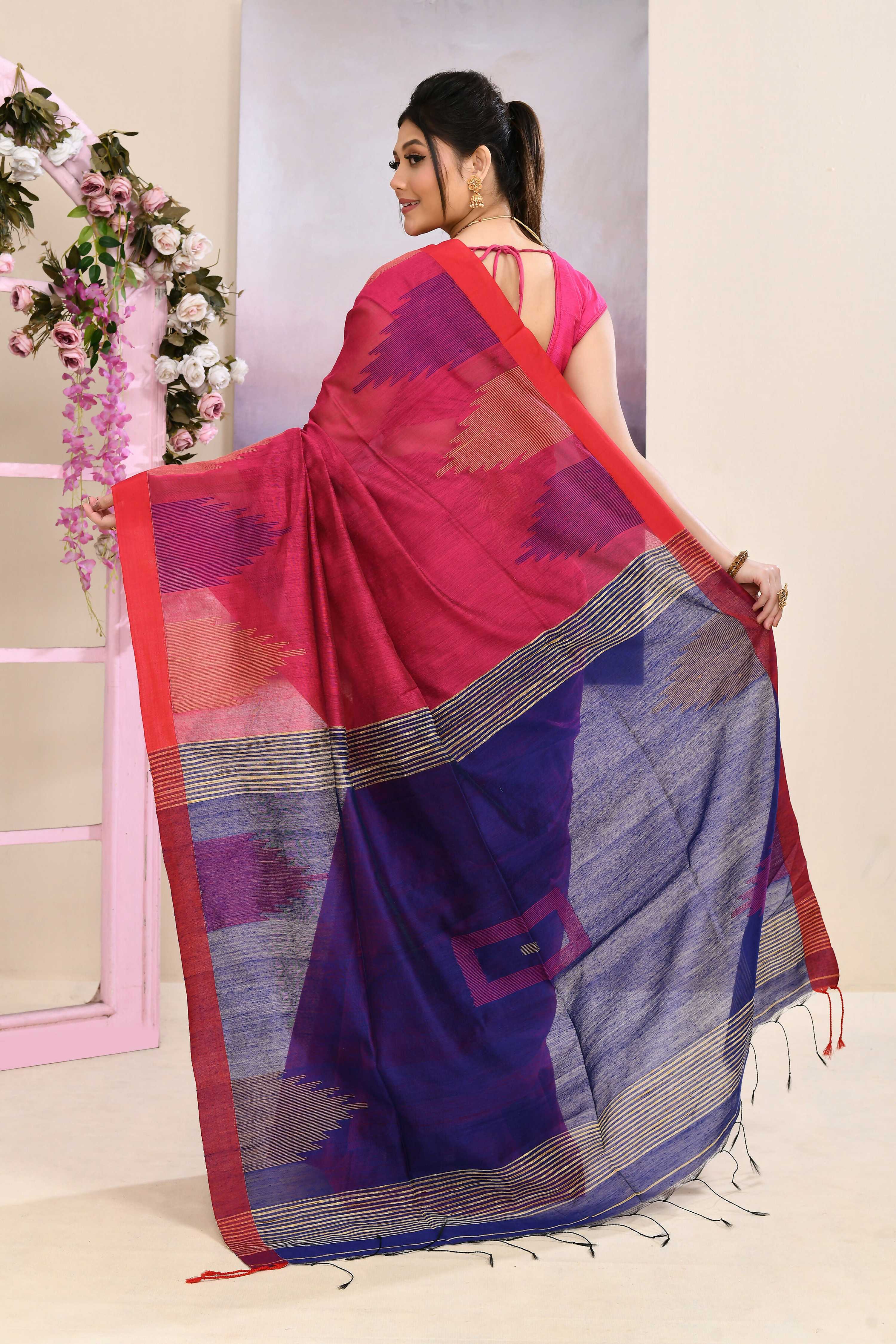 Pink Jamdani Saree with Traditional Temple Border Embellishment