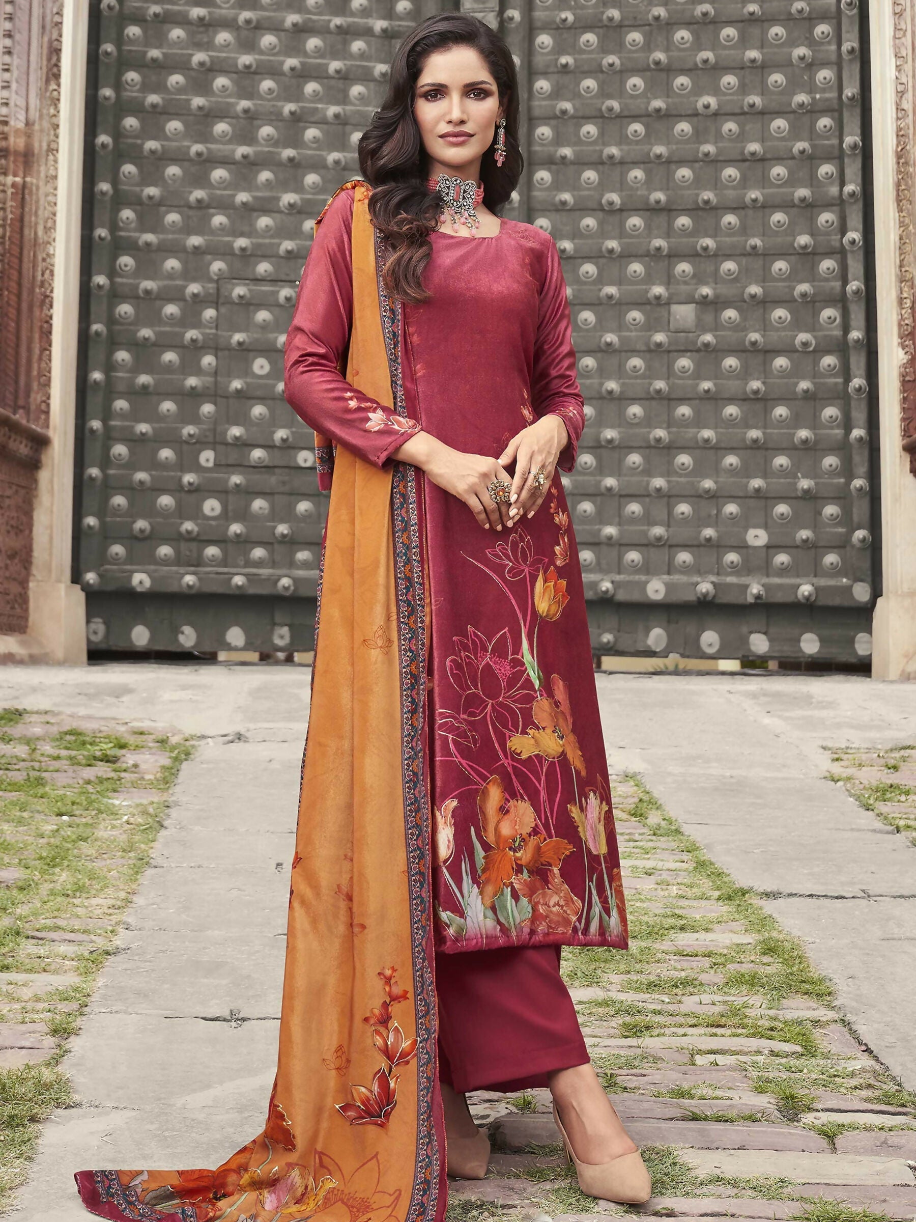 Women's Red Velvet Floral Digital Printed Straight Kurta with Palazzo Pants and Dupatta
