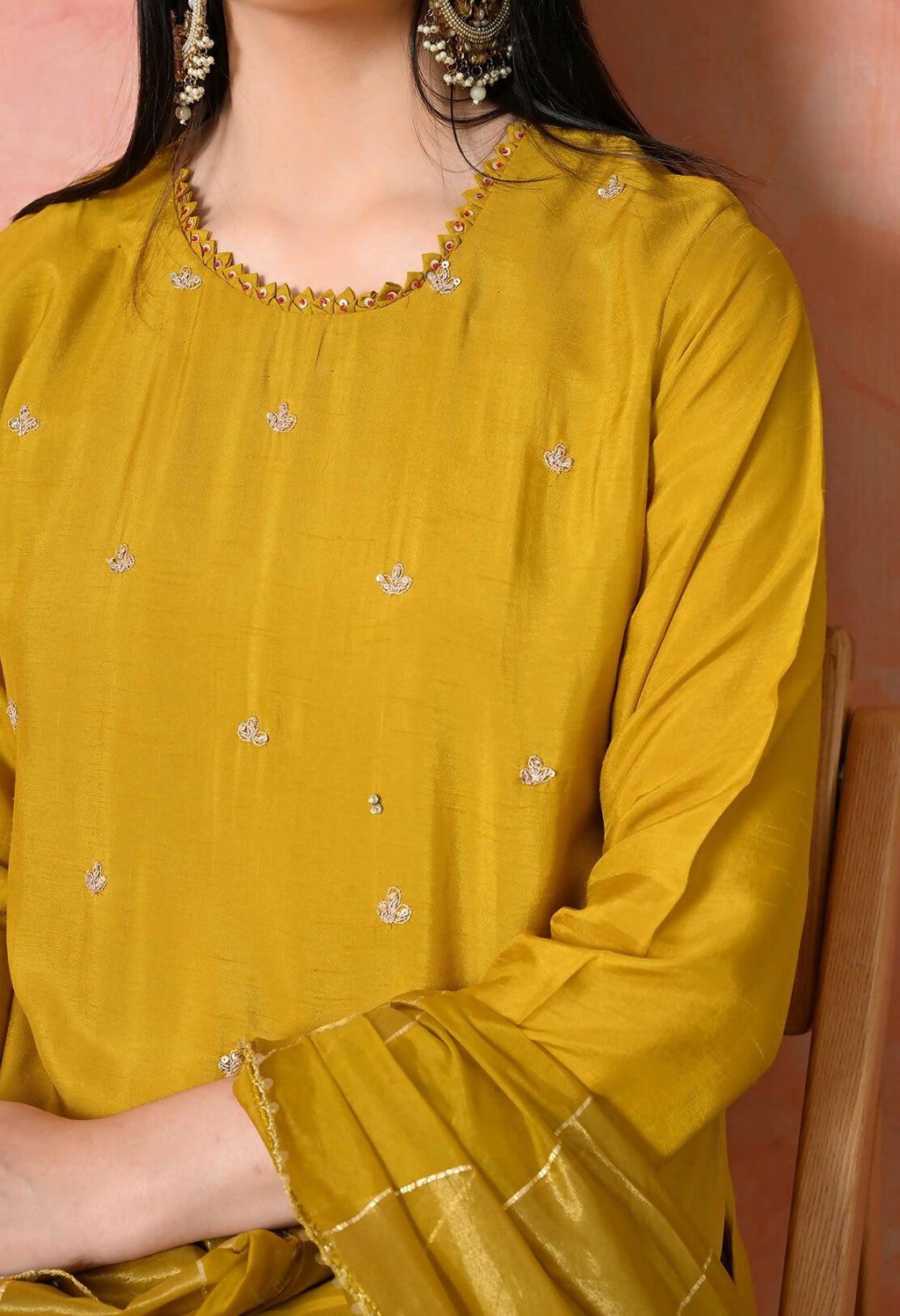 Mustard Pure Viscose Dola Kurta Set with Handwork and Organza