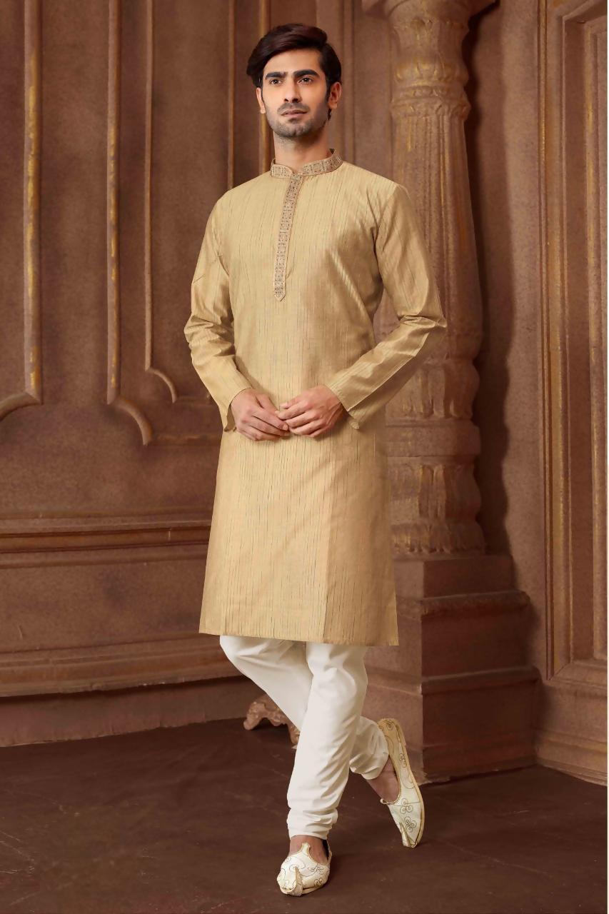 Toddler wearing a light grey striped art silk kurta and cotton pyjama set