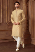 Toddler wearing a light grey striped art silk kurta and cotton pyjama set
