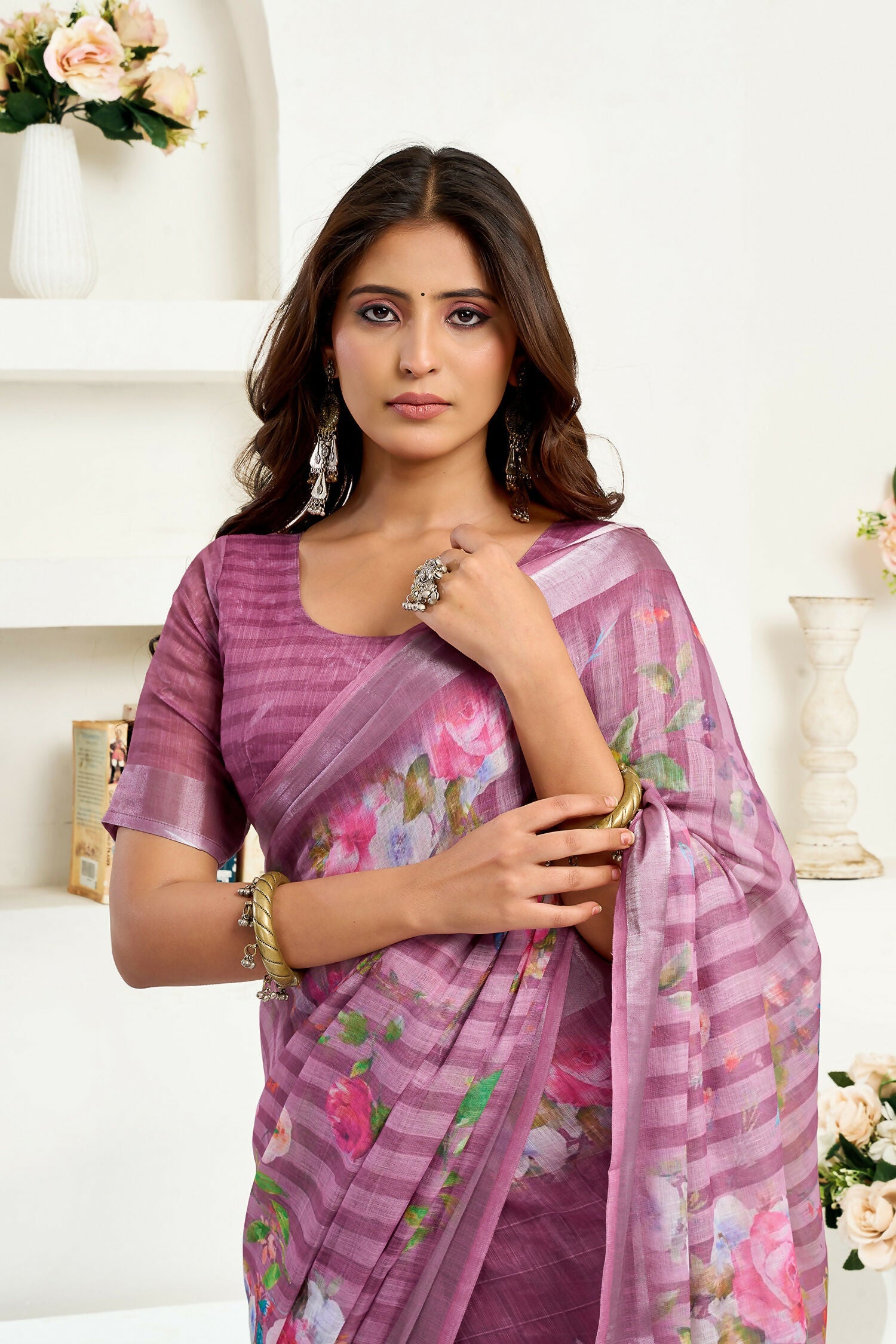 Dusty Wine Floral & Striped Linen Ready To Wear Saree
