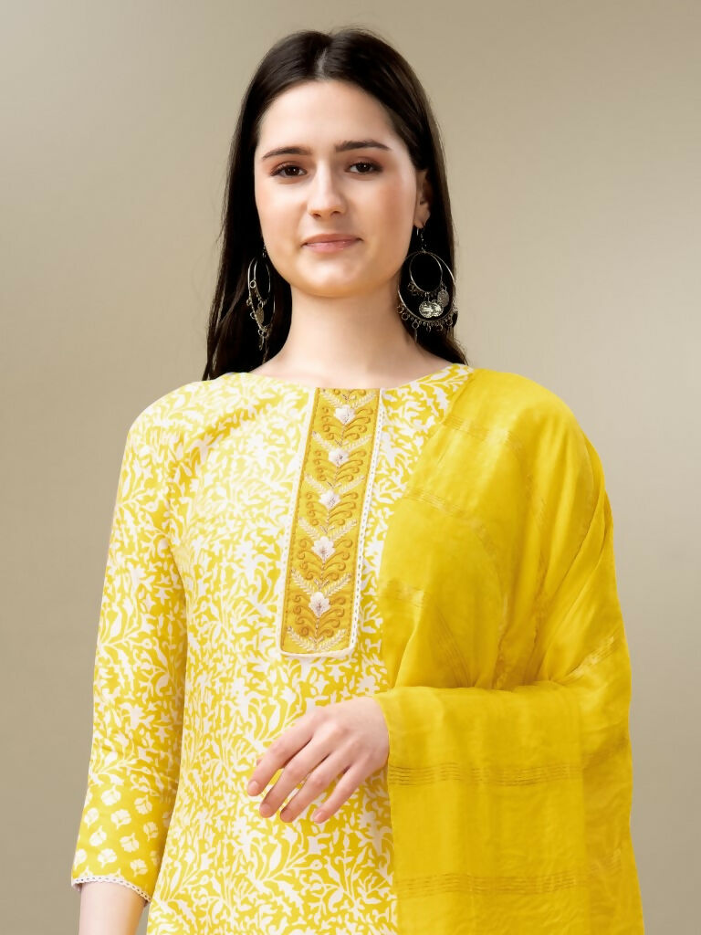Women's Yellow Rayon Embroidered Straight Kurta with Trouser & Dupatta