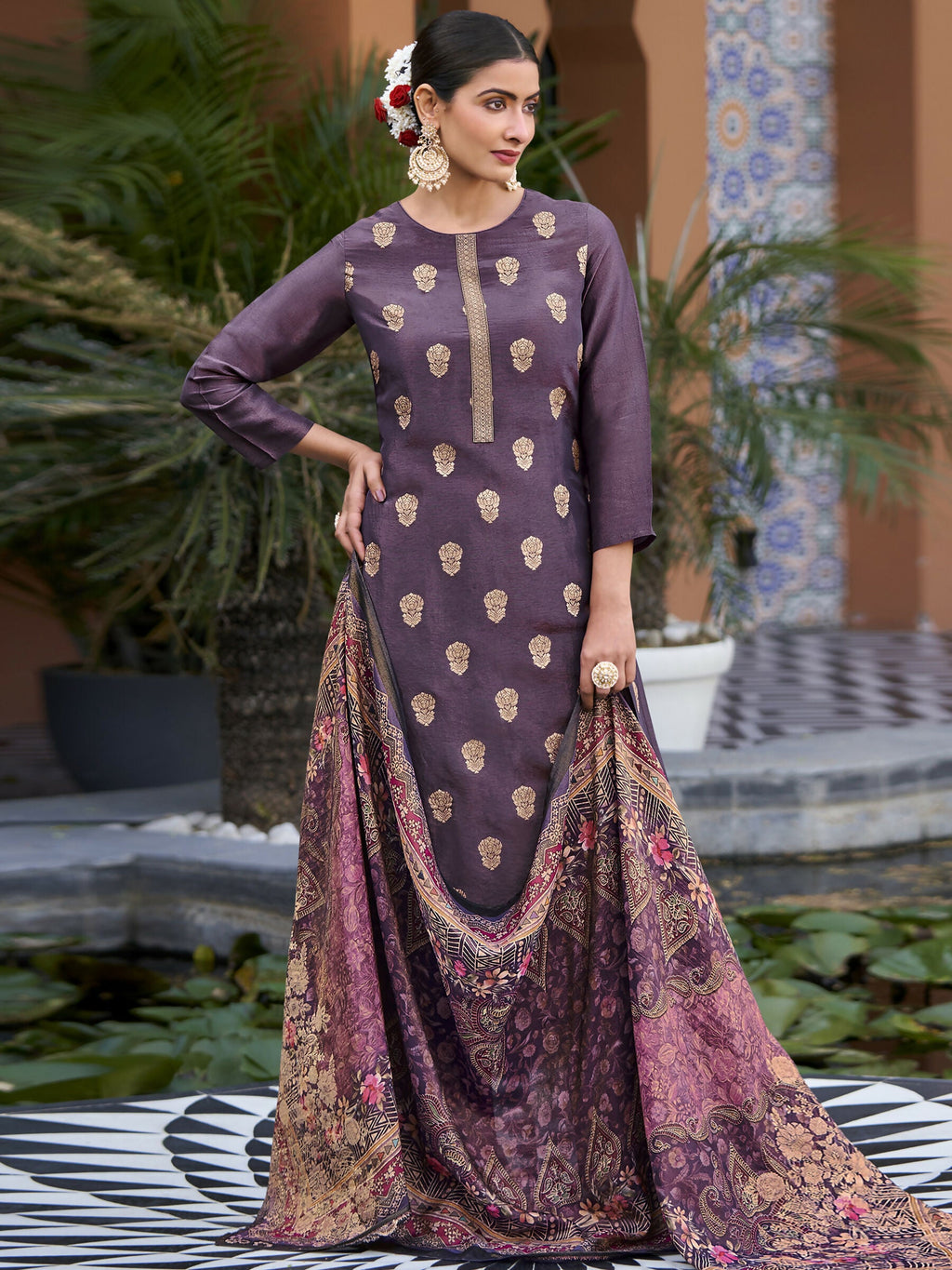 Women's Purple Pure Silk Jacquard Straight Kurta Set with Dupatta