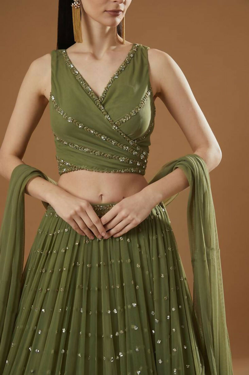 Olive Green Zari and Thread Embroidered Georgette Lehenga
