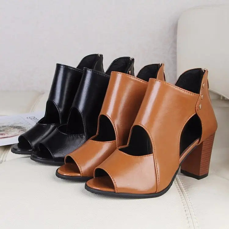 Women's Mid-Heel Cutout Sandals with Zipper and Peep Toe - Image 2