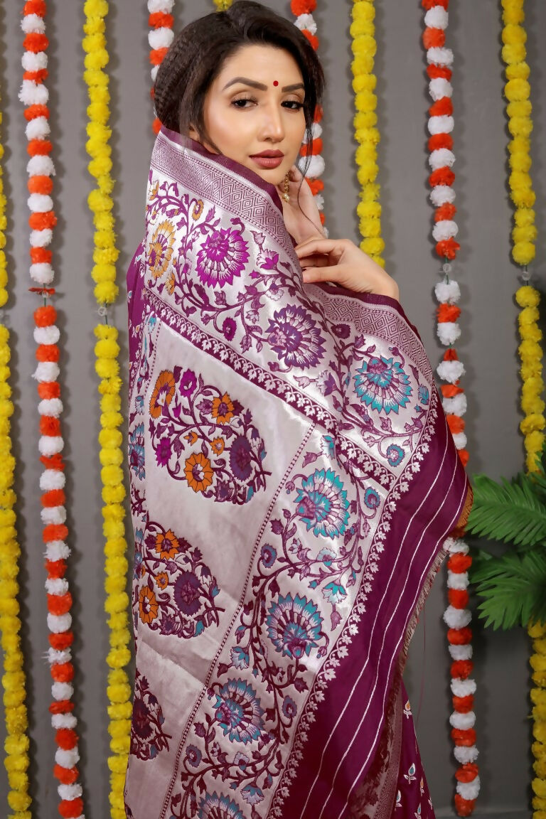 Wine Banarasi Silk Saree with Zari Woven Patterns and Blouse
