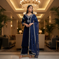 Blue velvet kurta set with detailed embroidery and sequence work for women
