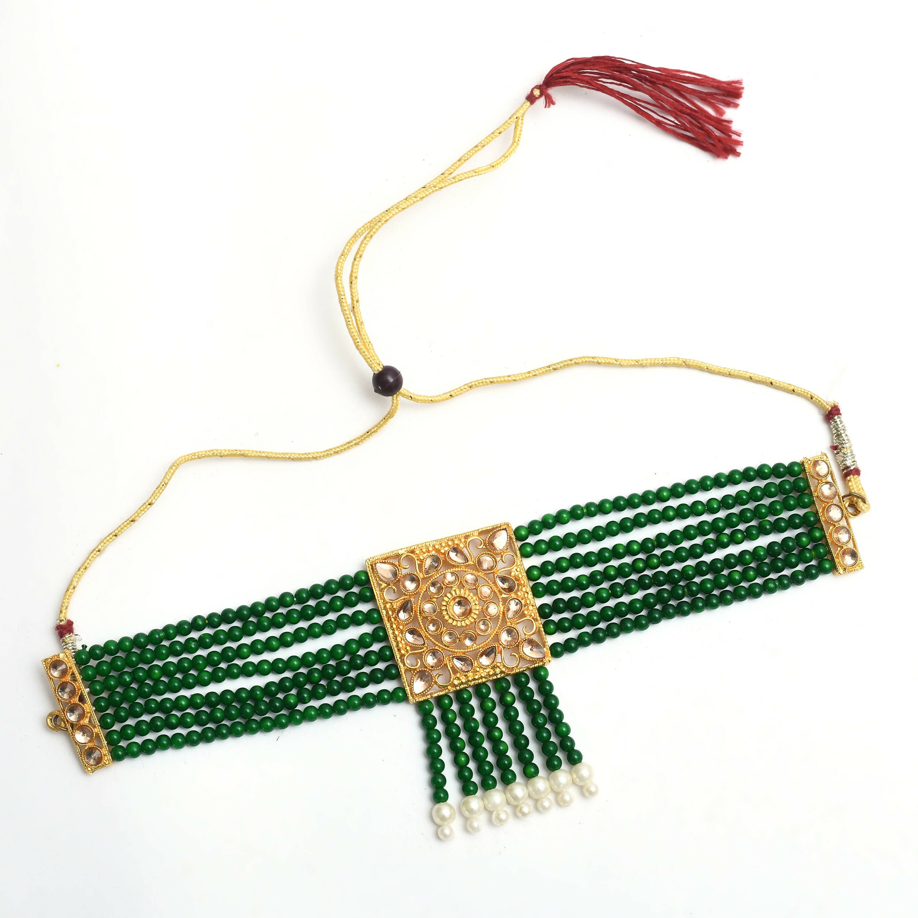 Gold-Polished Kundan & Pearl Choker Necklace Set in Green