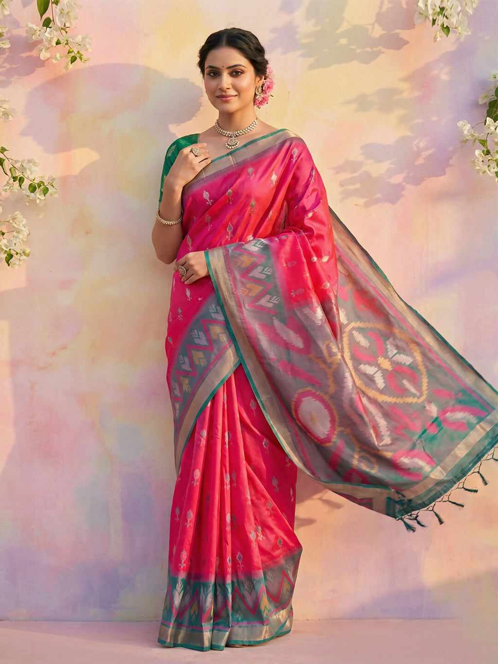 Beautiful pink soft silk saree with a smooth finish and matching blouse piece.