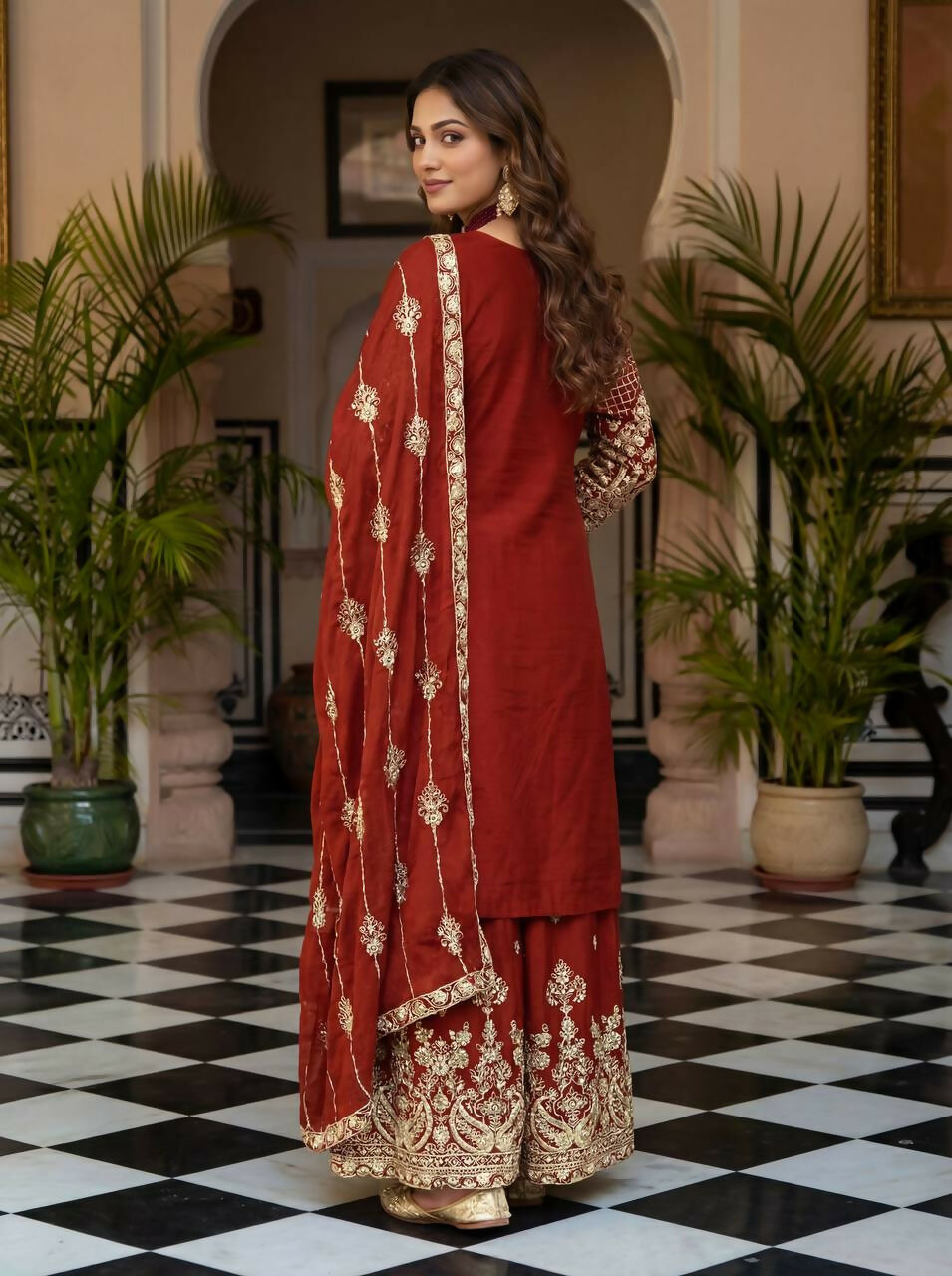 Red Silk Embroidered Sharara Set with Stitched Ethnic Kurti