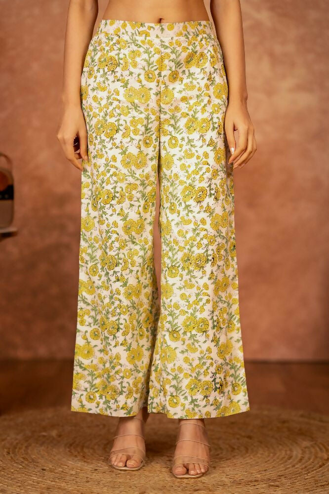 Yellow Hand Block Printed Cotton Suit Set for Women
