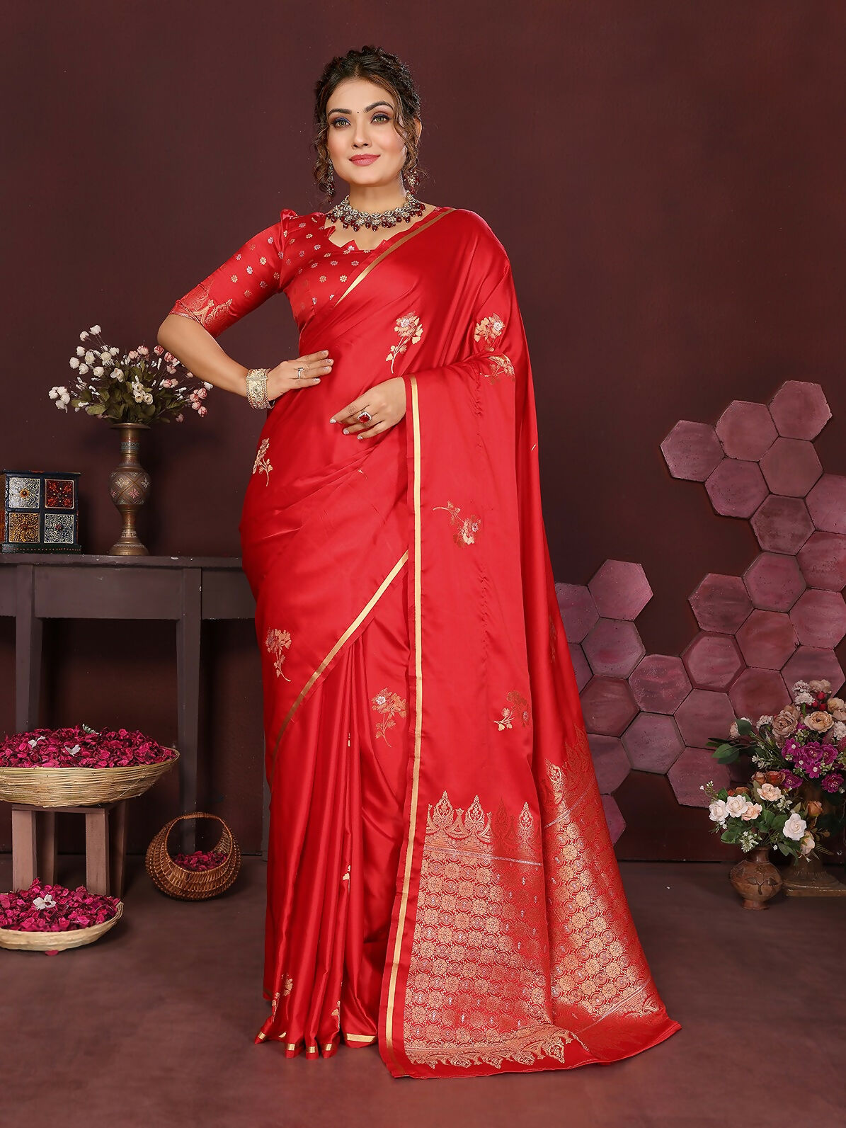 Vibrant red Banarasi satin silk saree with elegant floral motifs and unstitched blouse