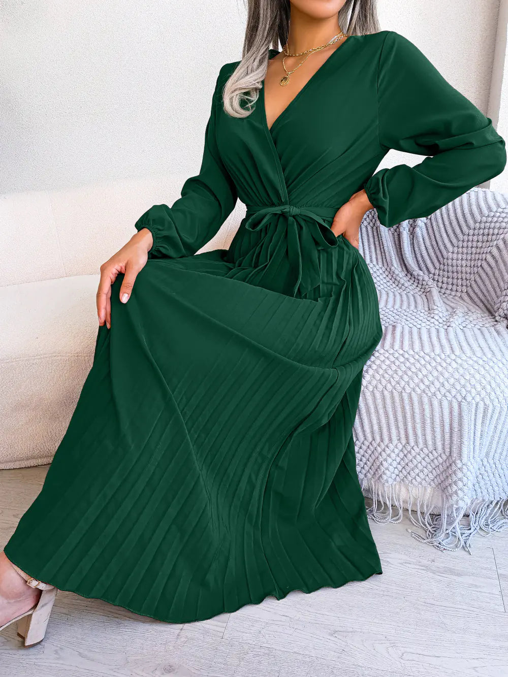 Women's V-Neck Long Sleeve Pleated Maxi Dress with Tie Waist - Image 21
