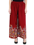 Maroon colored palazzo pants with an all-over floral print
