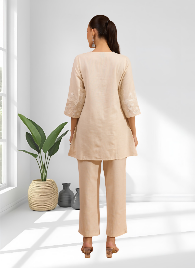 Cream Linen Embroidered Cord Set with Split V-Neck