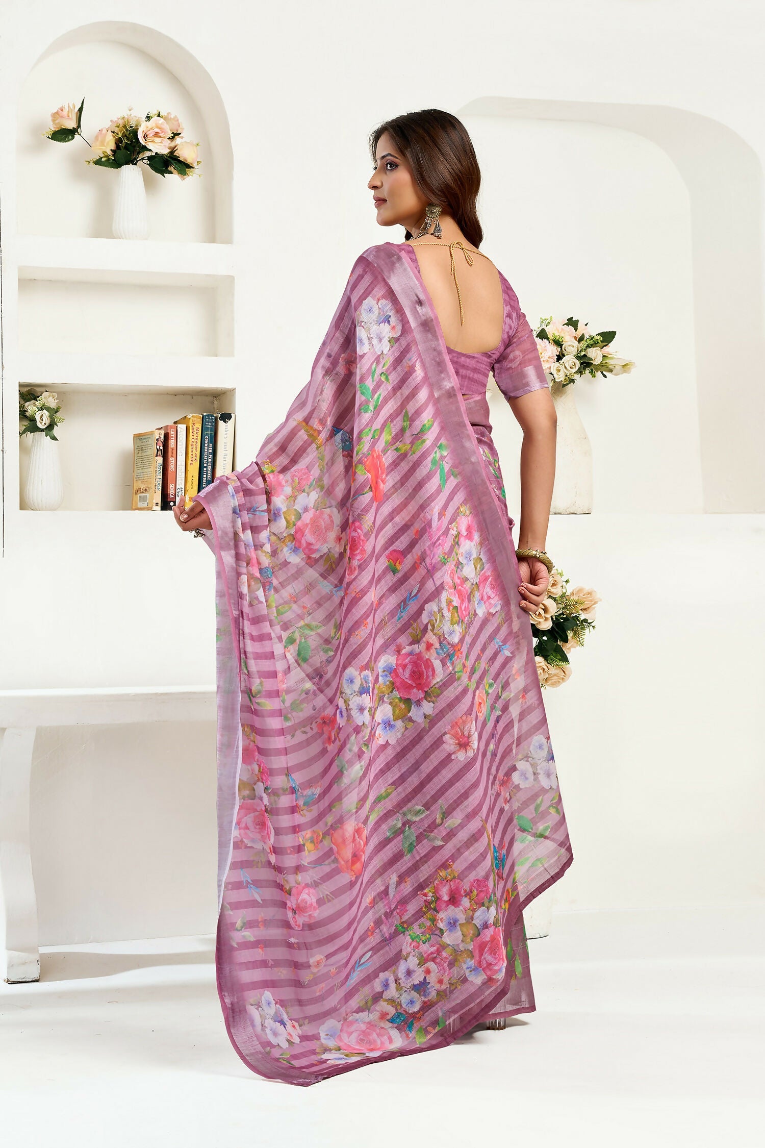 Dusty Wine Floral & Striped Linen Ready To Wear Saree