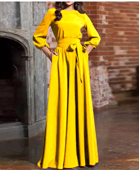 Women's Round Neck Long Sleeve Maxi Dress with Waist Tie - Image 2