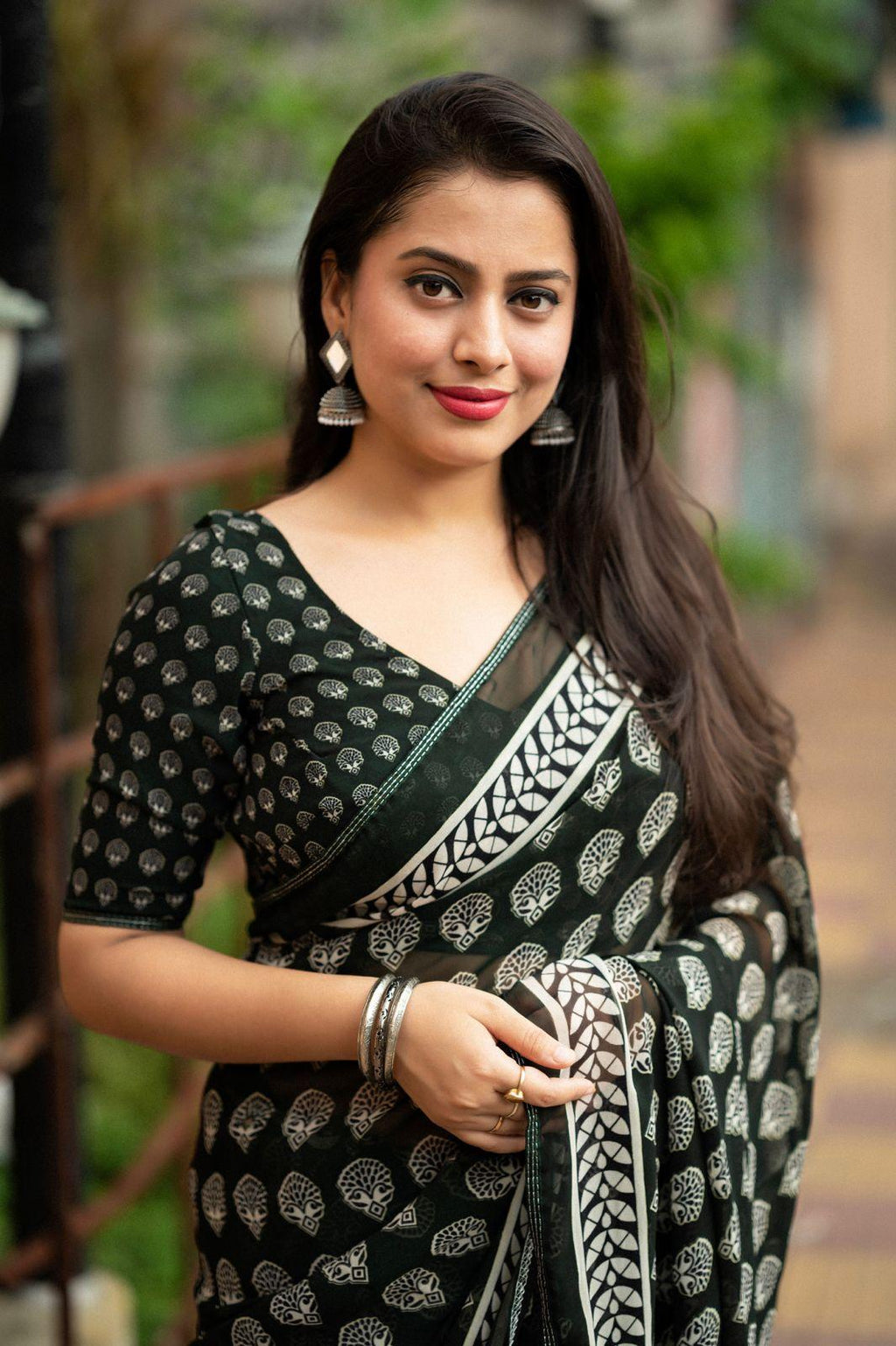 Black Poly Georgette Ajrak Saree with Mirror Work and Piping