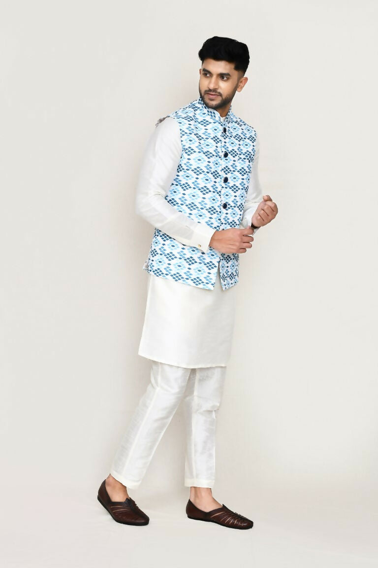 White Art Silk Kurta Set with Jacket and Straight Fit Pants