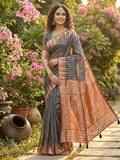 Grey Linen Cotton Saree showing natural texture and matching blouse piece.