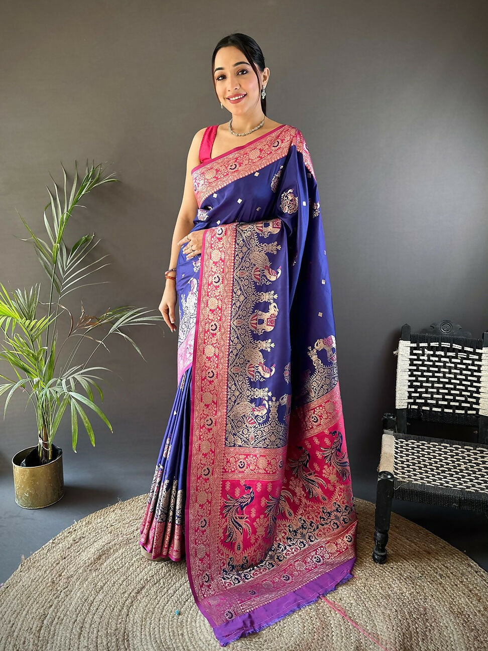 Magenta Paithani Saree with intricate peacock Meenakari weaving on soft silk.