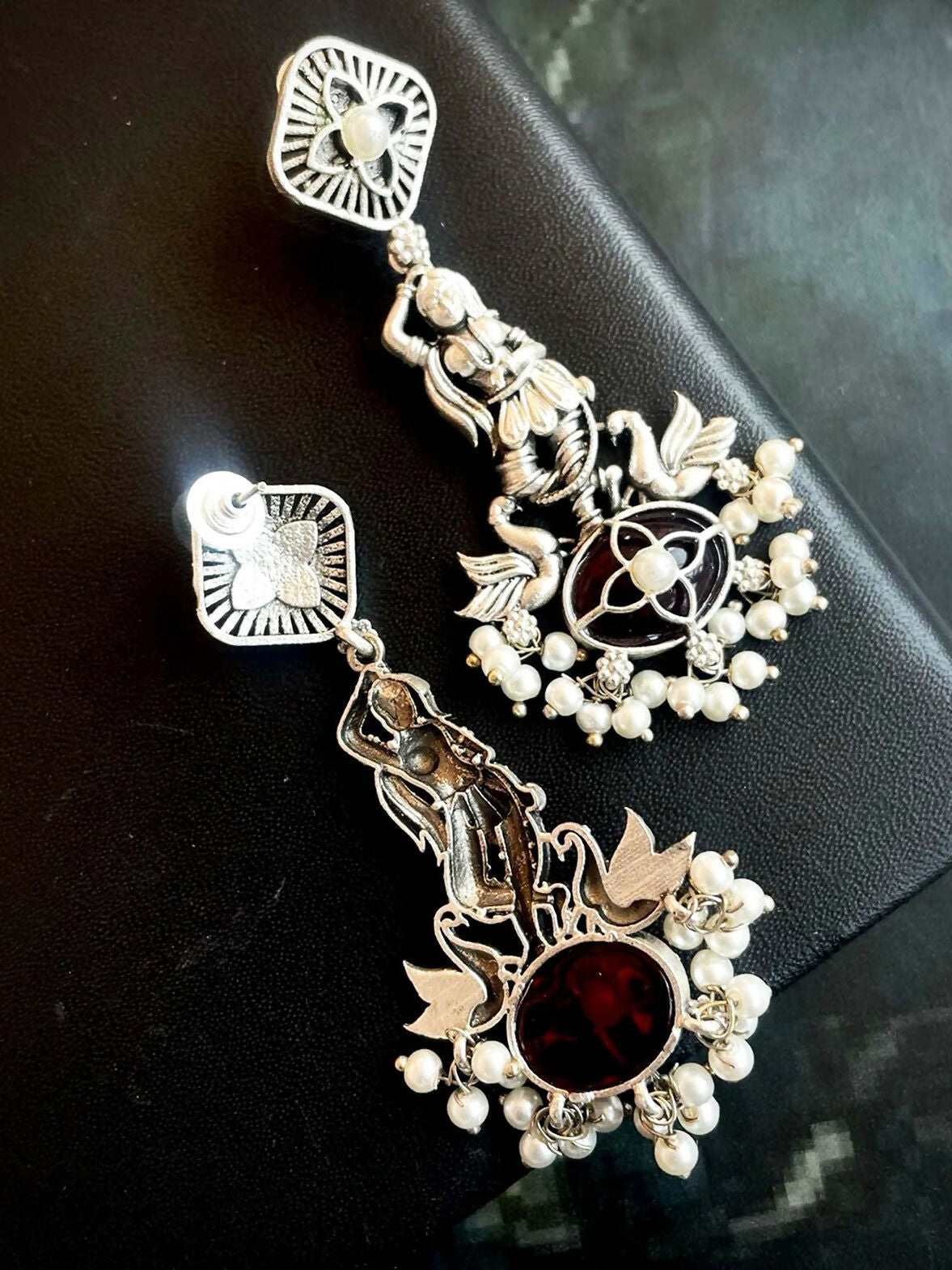Maroon and white Monalisa stone oxidized ethnic brass earrings