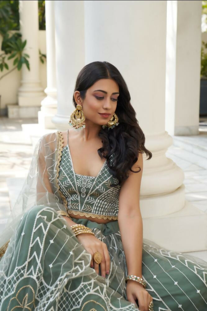 Dusty Green Butterfly Net Lehenga Choli With White Thread Embroidery