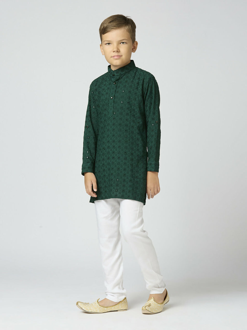 Boys Green Cotton Kurta and Pyjama Set with Sequin Embroidery