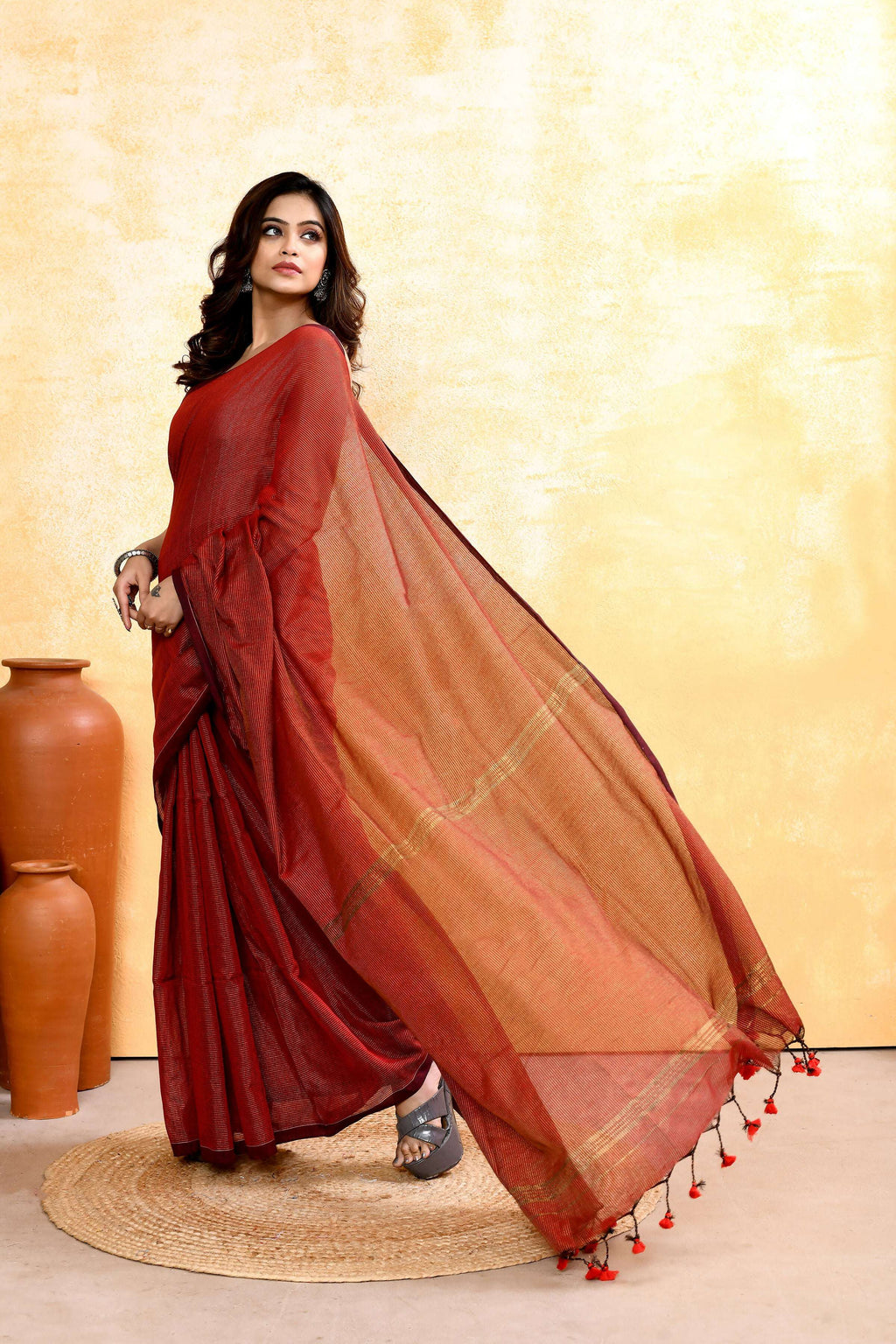 Maroon Embellished Cotton Blend Zari Check Handloom Saree