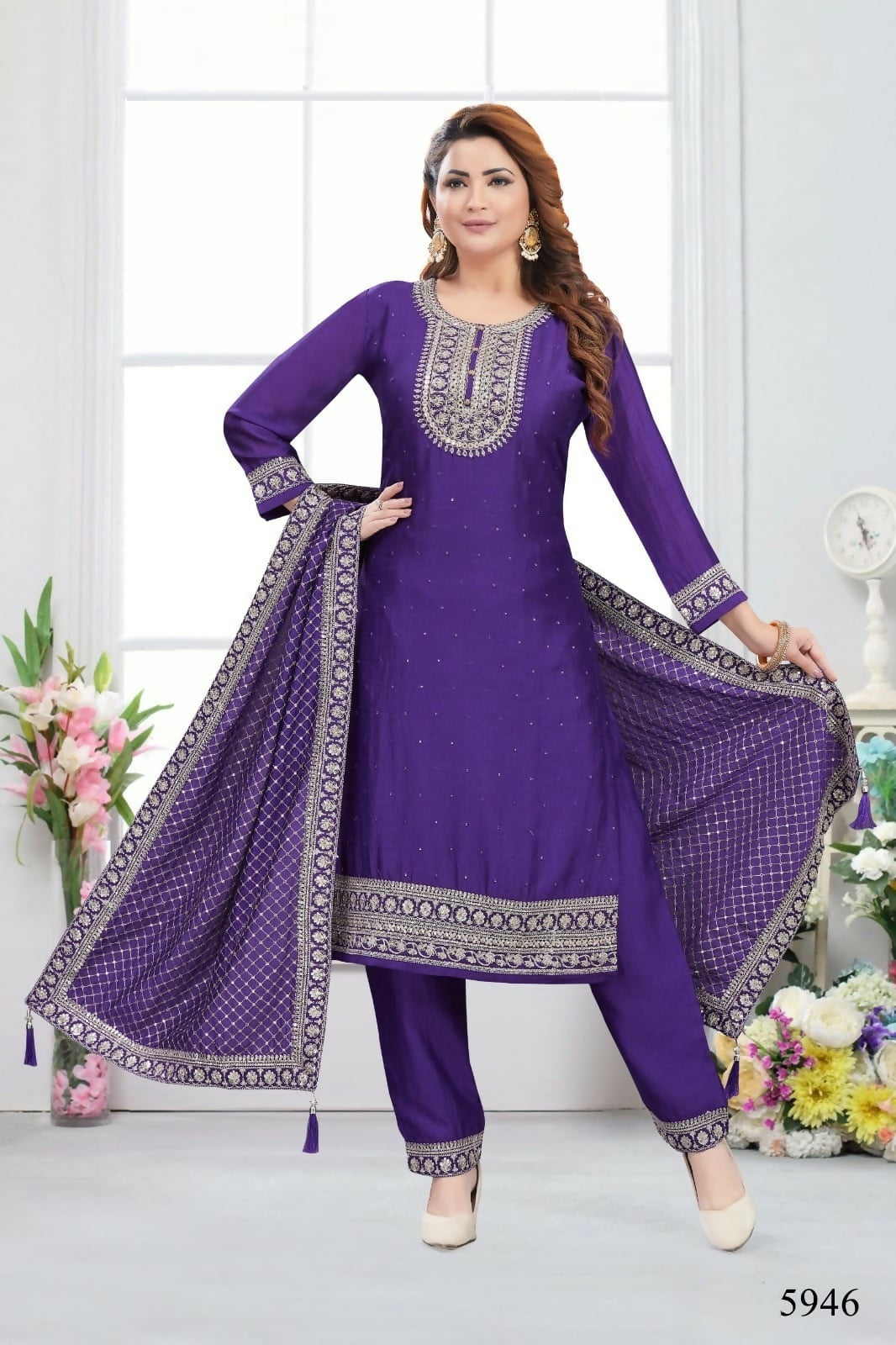 Purple muslin silk kurta set with cotton lining and matching dupatta