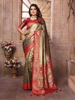A beautiful brown Banarasi tissue silk saree featuring intricate traditional weaving patterns.