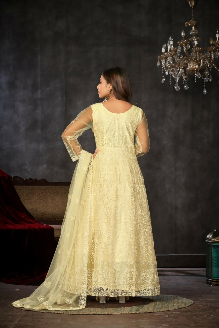Cream Net Embroidered Anarkali Kurta Pant Set with Dupatta