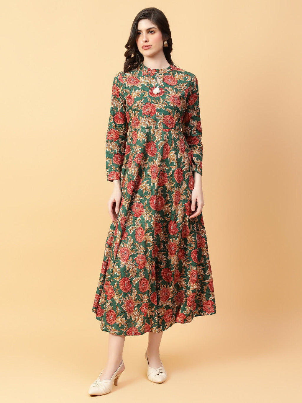 Joban Fashion Green Cotton Printed & Hand Work Dress