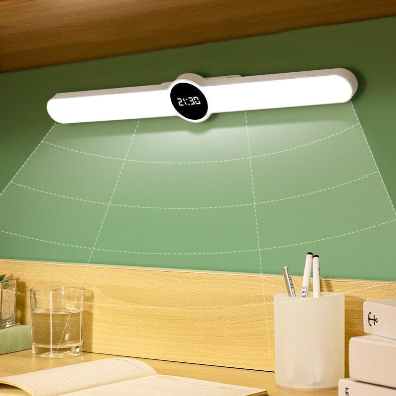 Magnetic LED desk lamp with digital display and delay-off timer.