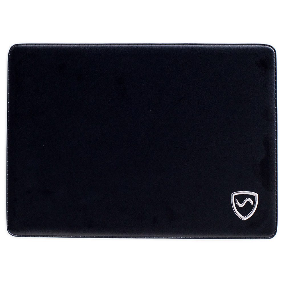 Black tablet shielding pad with a small silver shield logo in the bottom corner.