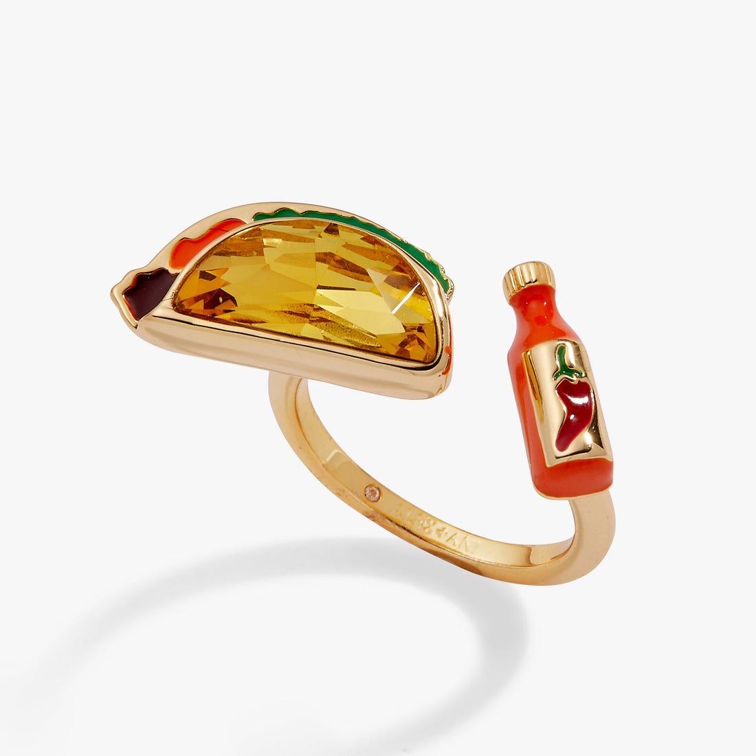 Gold-plated open ring featuring a taco and hot sauce bottle with enamel details and a crystal accent
