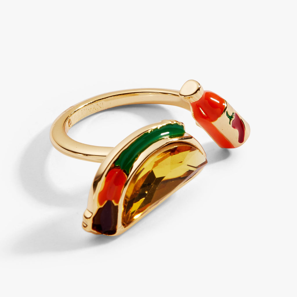 Gold-Plated Taco Open Ring with Crystal & Enamel Accents