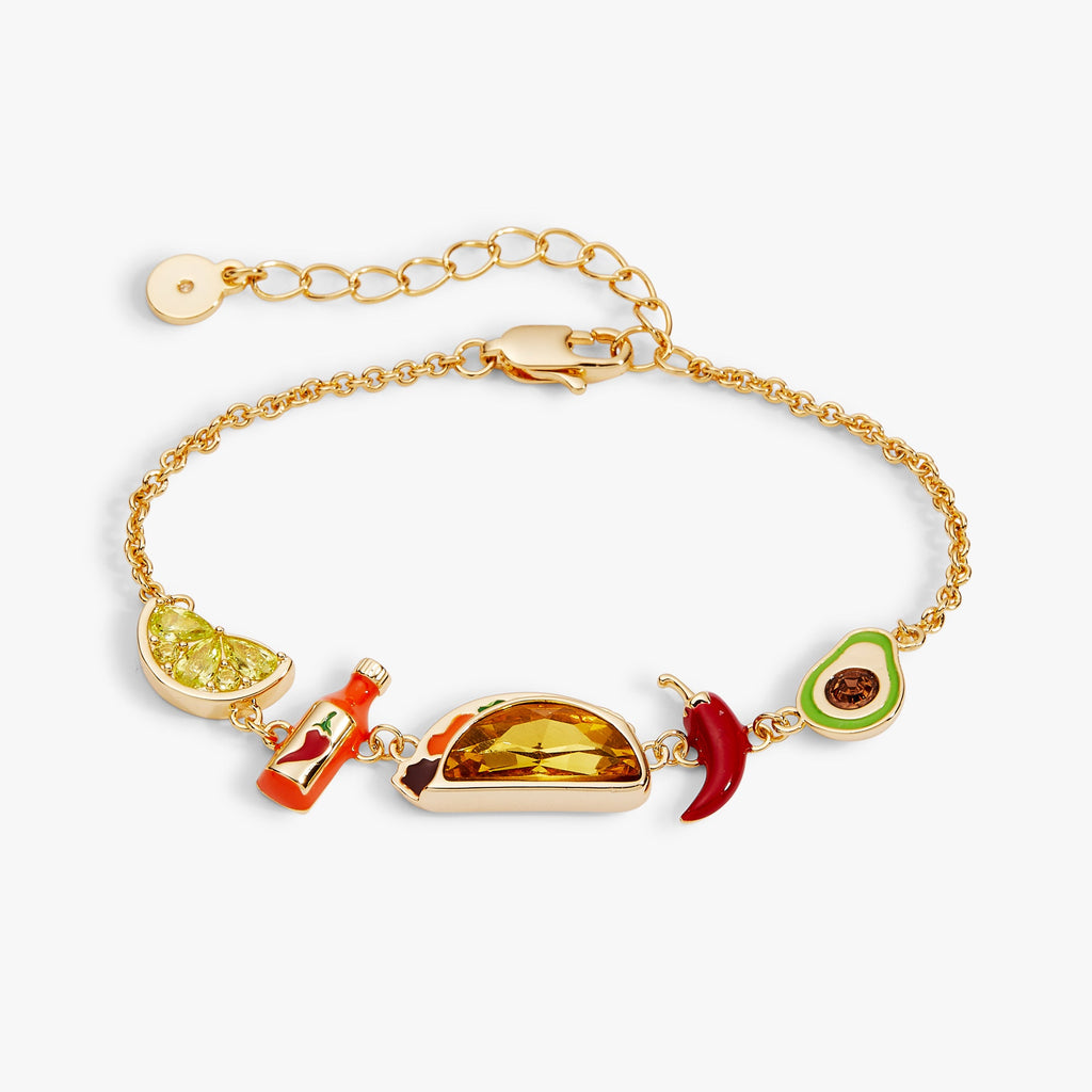 Alex and Ani taco-themed charm bracelet featuring enamel food charms and crystals