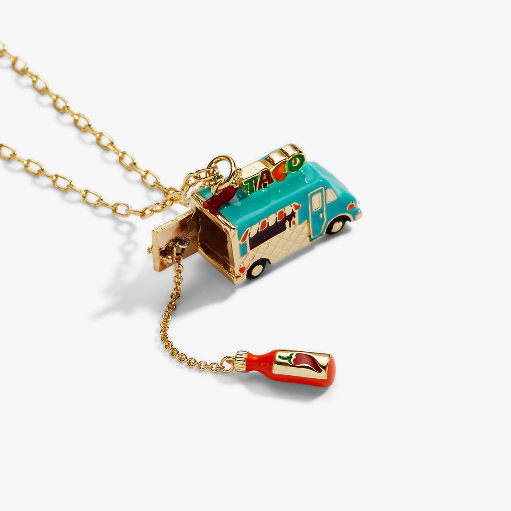 Gold-Plated Taco Truck Locket Necklace with Hot Sauce Charm
