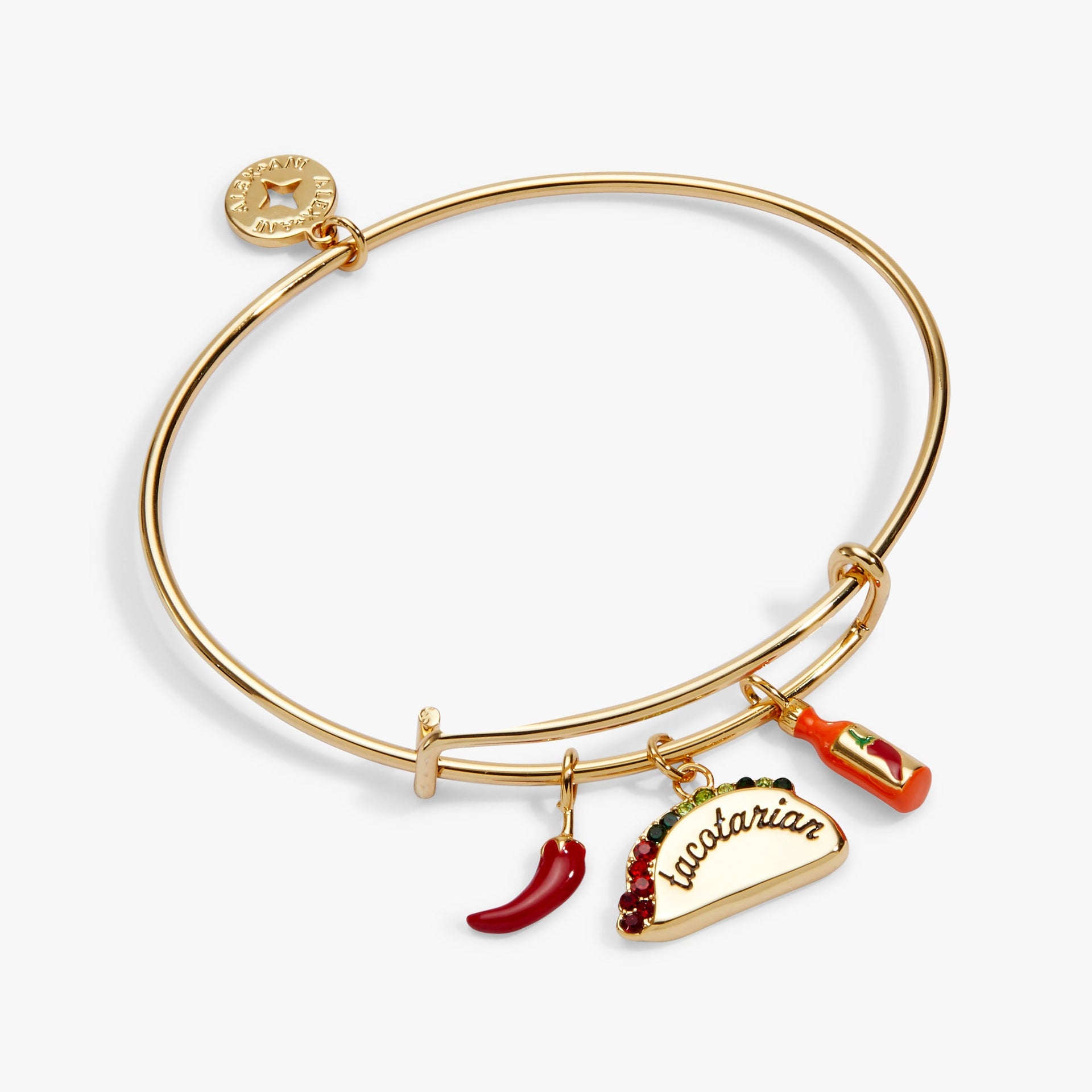Gold-plated expandable bangle featuring a taco, red pepper, and hot sauce charms.