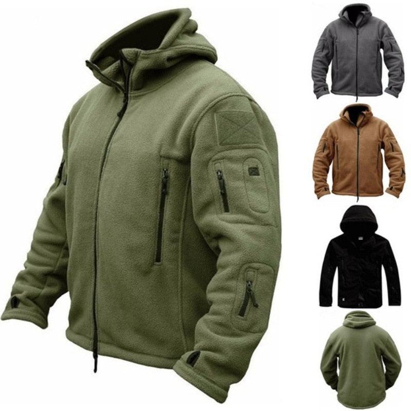 Men's tactical softshell hiking jacket with hood in olive green, featuring multiple pockets.