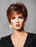 Woman wearing a Take It Short pixie cut synthetic wig in multi-tonal auburn-brown color R4.
