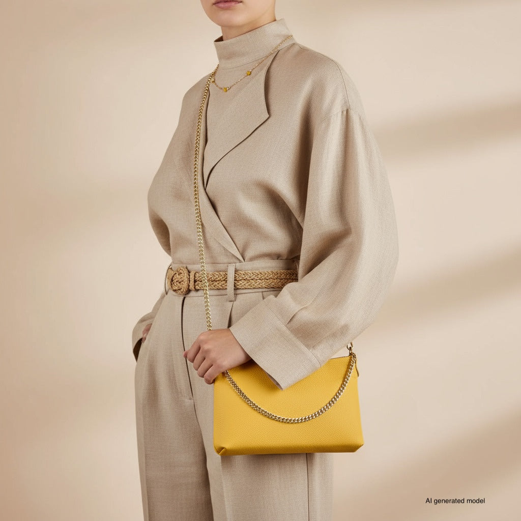 Italian Genuine Calf Leather Crossbody Bag with Gold Chain Strap