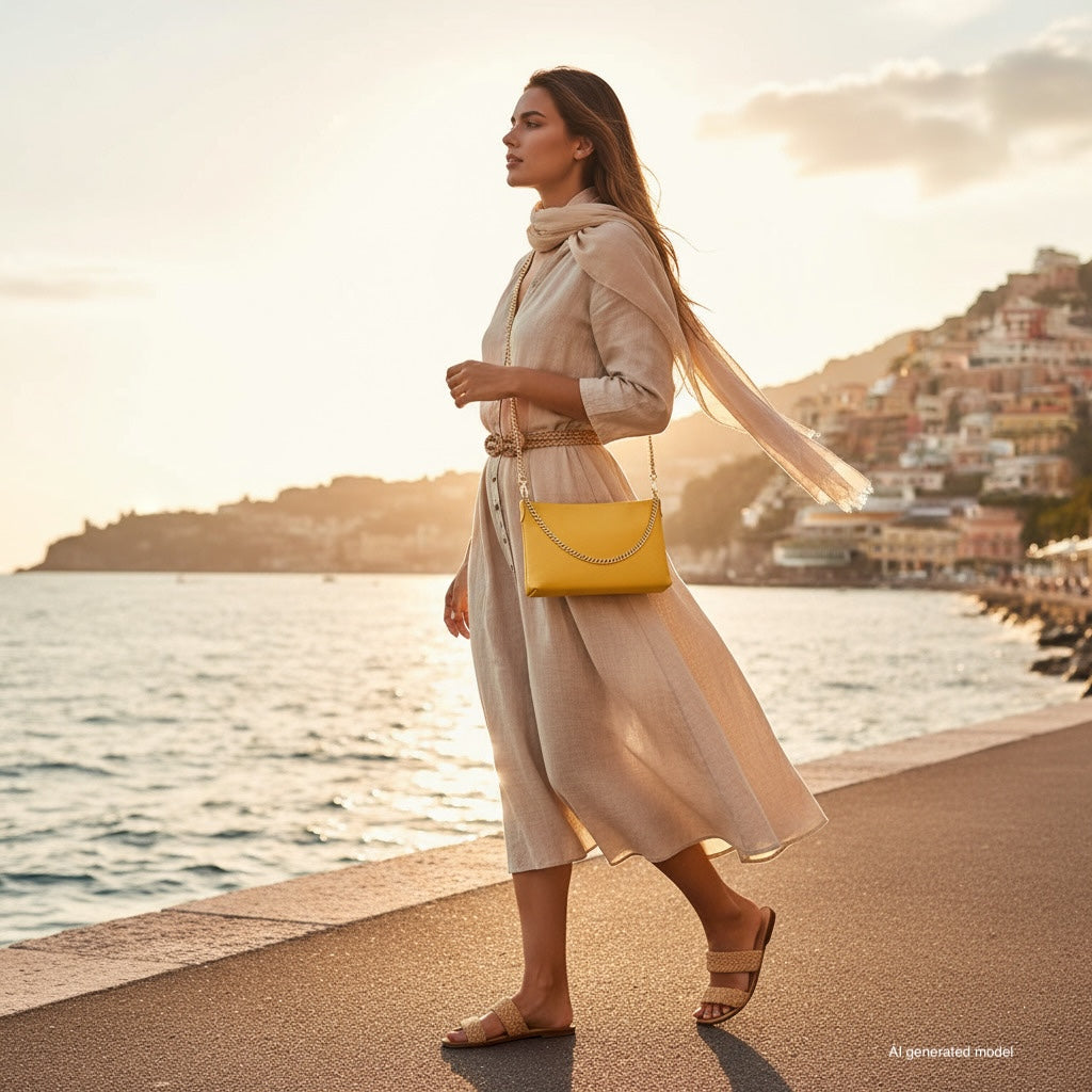 Italian Genuine Calf Leather Crossbody Bag with Gold Chain Strap