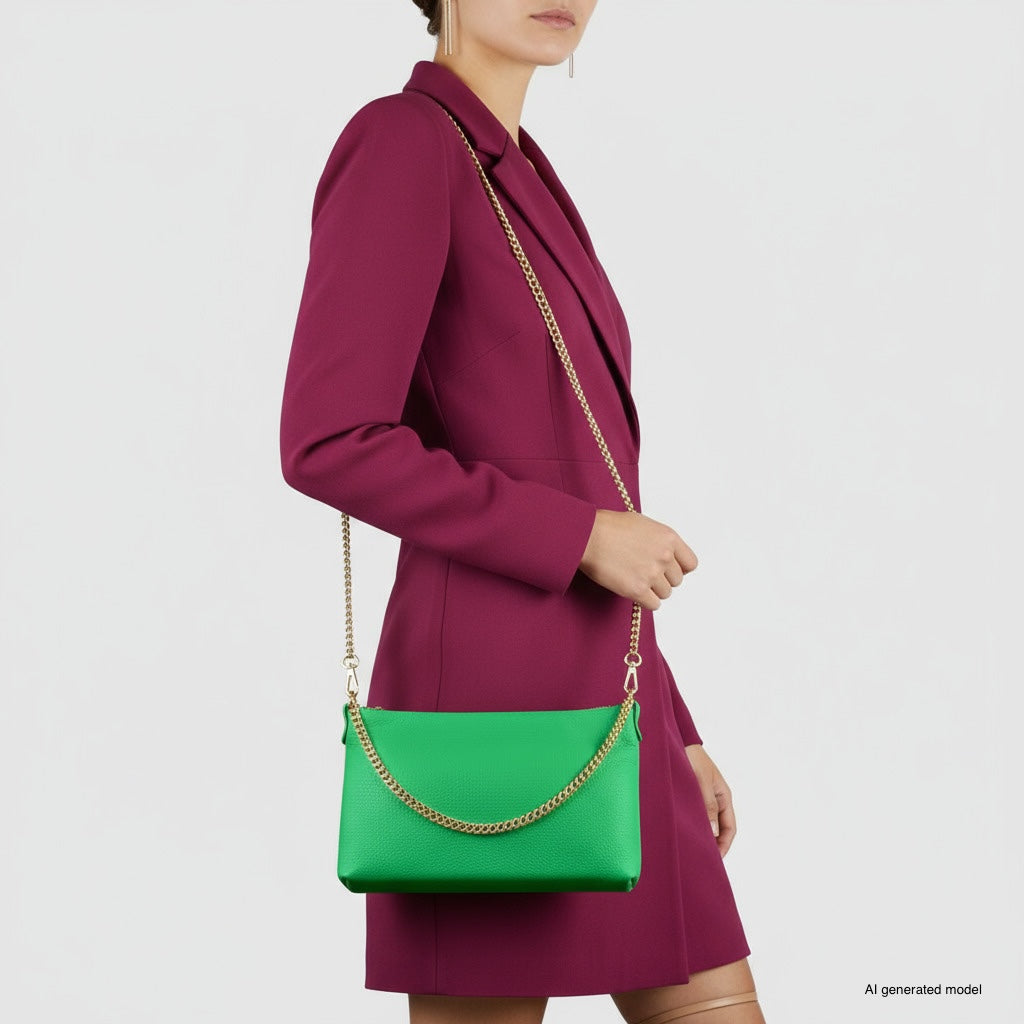 Italian Genuine Calf Leather Crossbody Bag with Gold Chain Strap