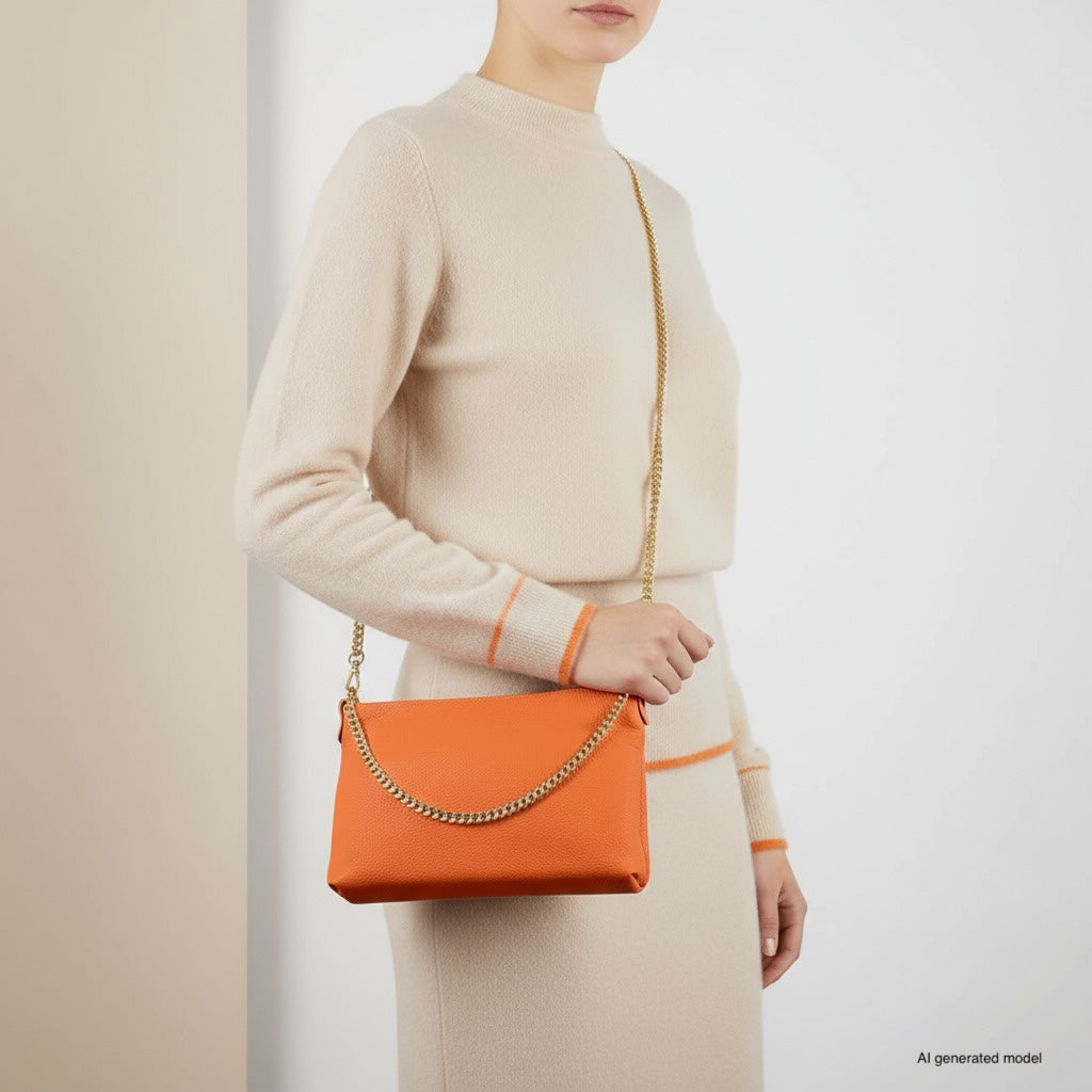 Italian Genuine Calf Leather Crossbody Bag with Gold Chain Strap